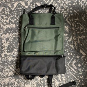 Olive backpack with shoe compartment on bottom
